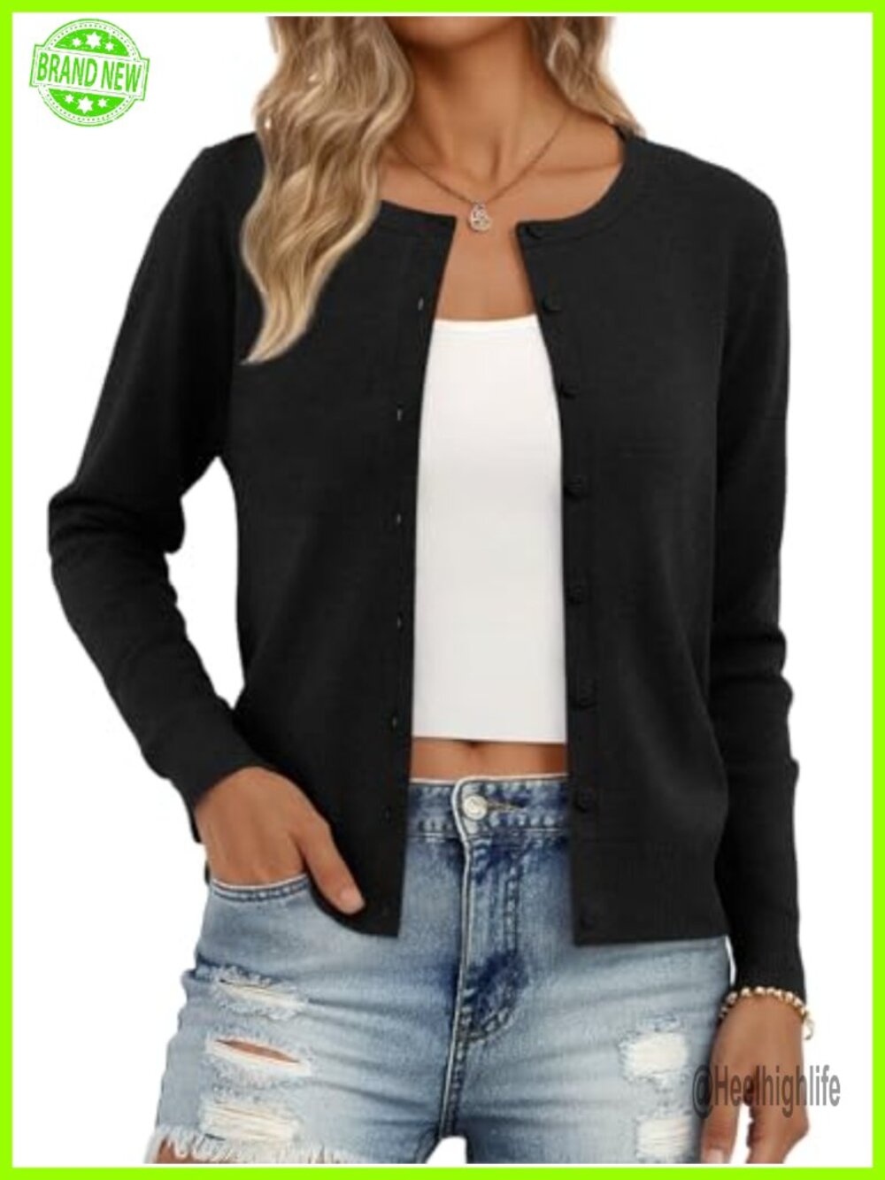 Lightweight Knit Cardigan Button Front Crew Neck Long Sleeve